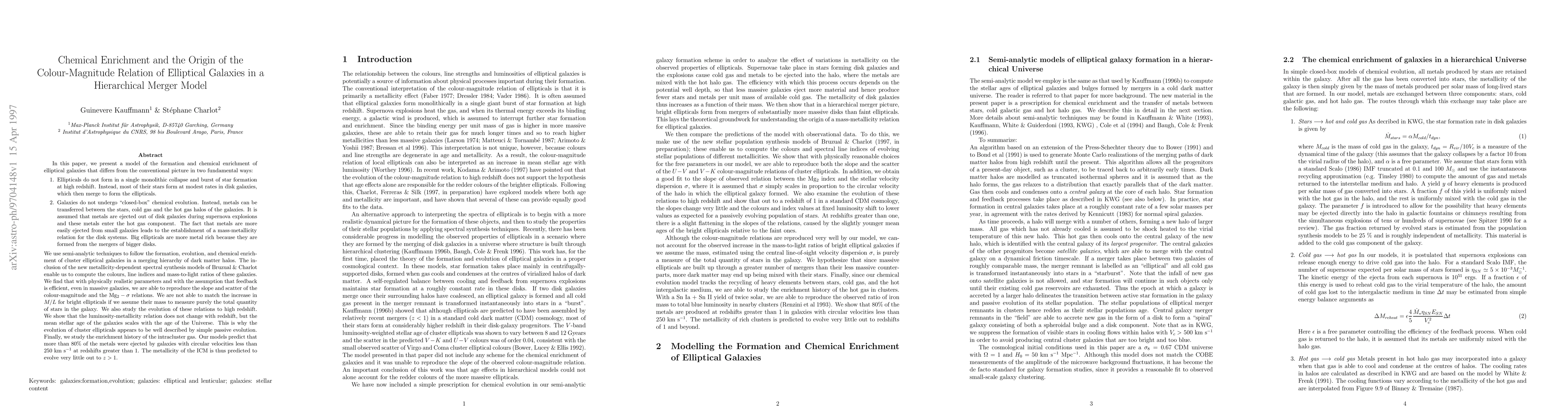 Thumbnail for Chemical Enrichment and the Origin of the Colour-Magnitude Relation of
  Elliptical Galaxies in a Hierarchical Merger Model