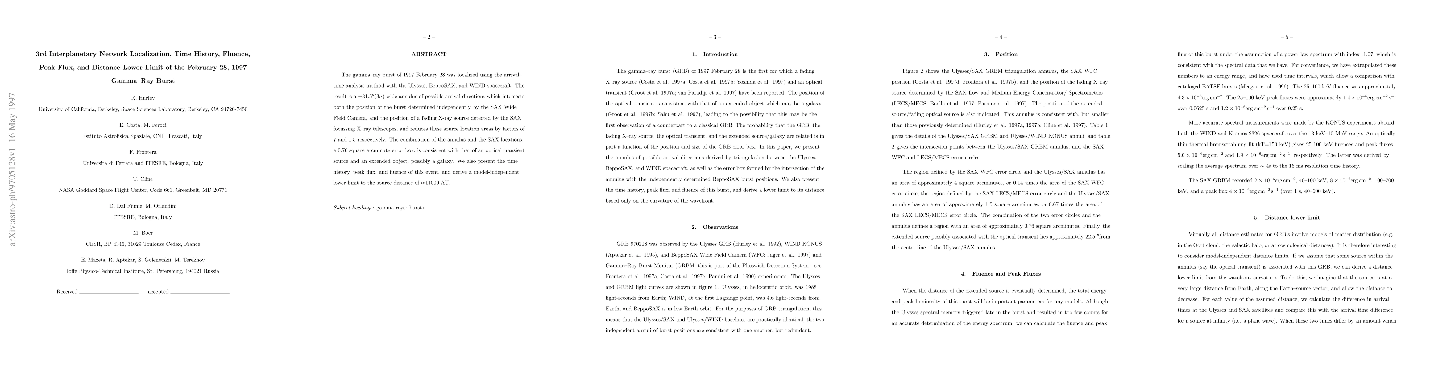 Thumbnail for 3rd Interplanetary Network Localization, Time History, Fluence, Peak
  Flux, and Distance Lower Limit of the February 28, 1997 Gamma-Ray Burst