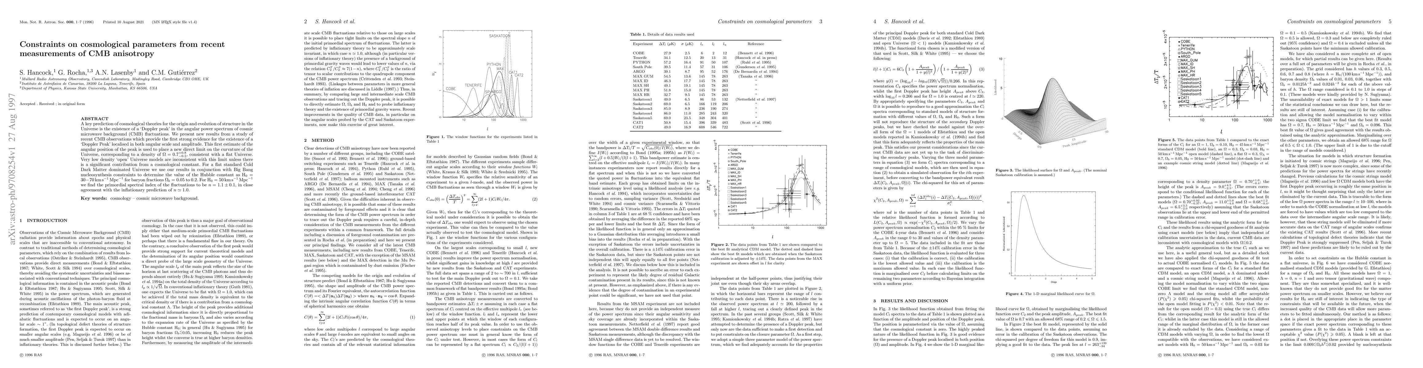 Thumbnail for Constraints on cosmological parameters from recent measurements of CMB
  anisotropy