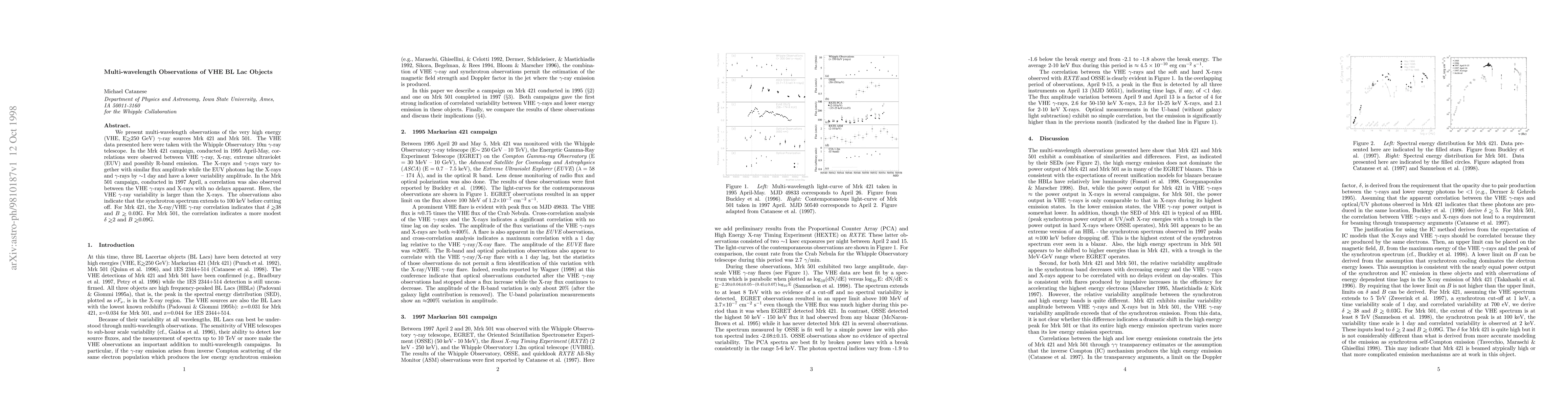 Thumbnail for Multi-wavelength Observations of VHE BL Lac Objects