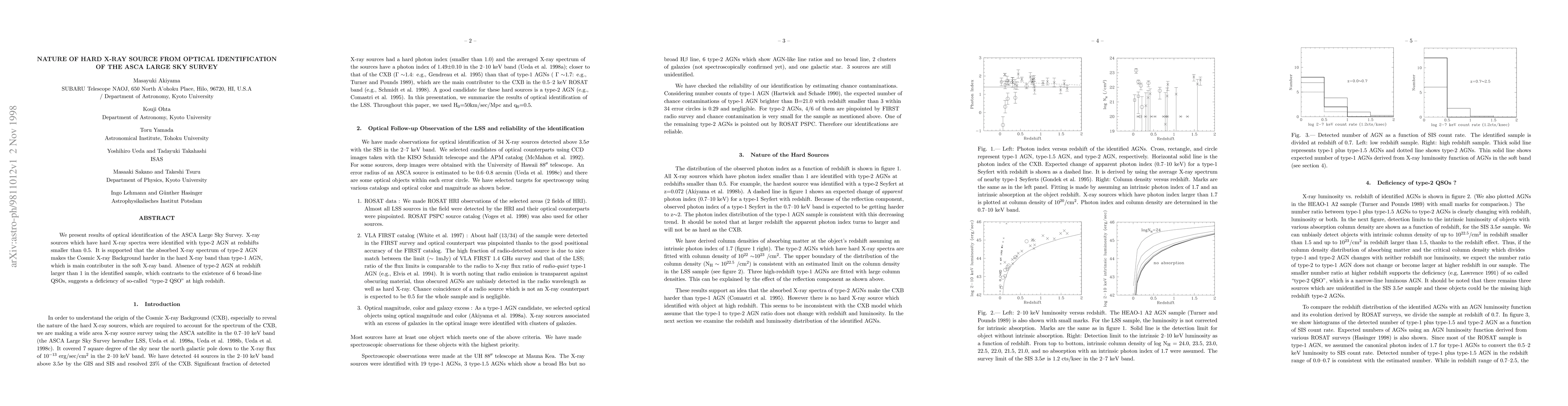 Thumbnail for Nature of Hard X-ray Source from Optical Identification of the ASCA
  Large Sky Survey