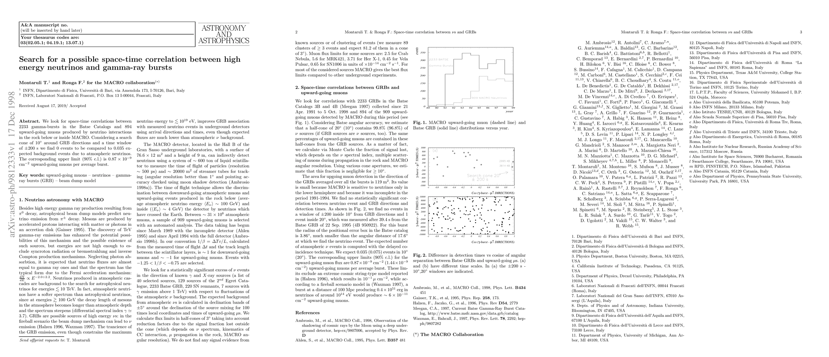 Thumbnail for Search for a possible space-time correlation between high energy
  neutrinos and gamma-ray bursts