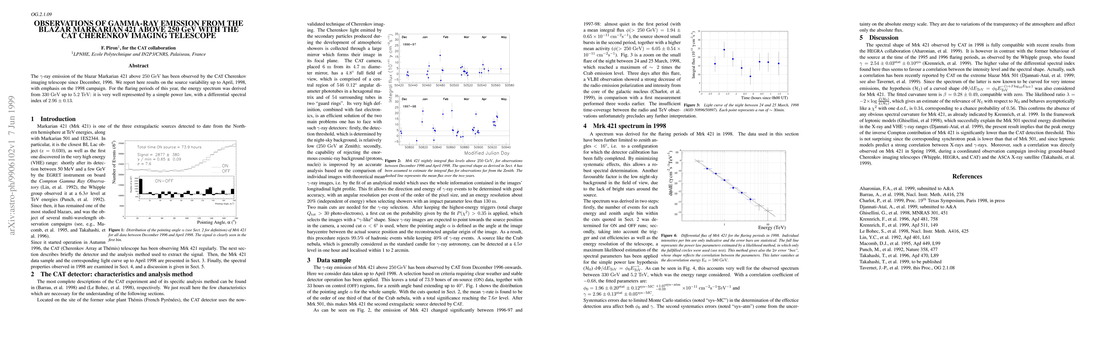 Thumbnail for Observations of Gamma-ray emission from the blazar Markarian 421 above
  250 GeV with the CAT Cherenkov imaging telescope