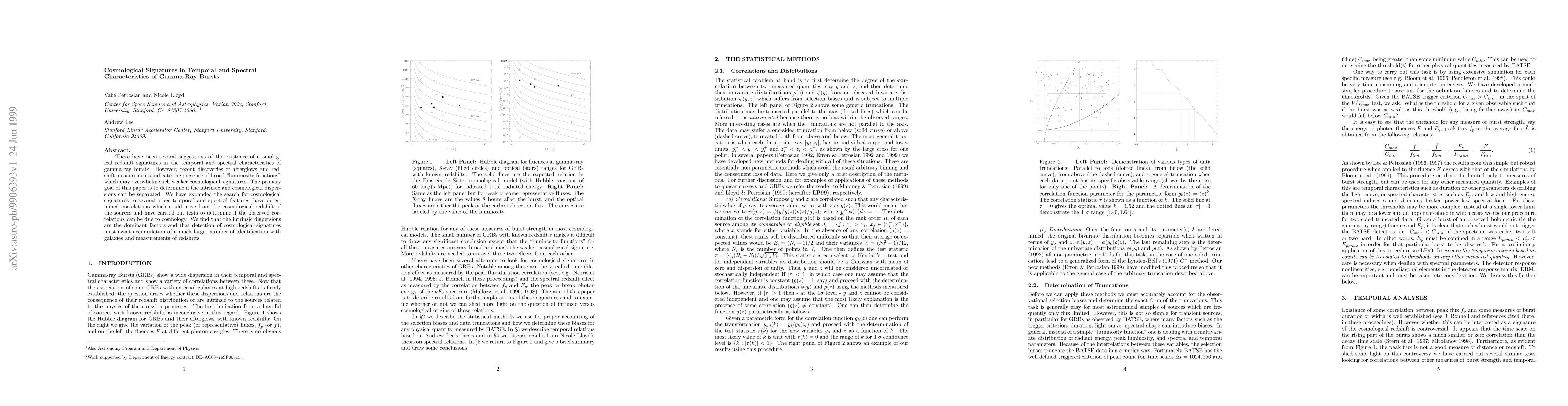 Thumbnail for Cosmological Signatures in Temporal and Spectral Characteristics of
  Gamma-Ray Bursts