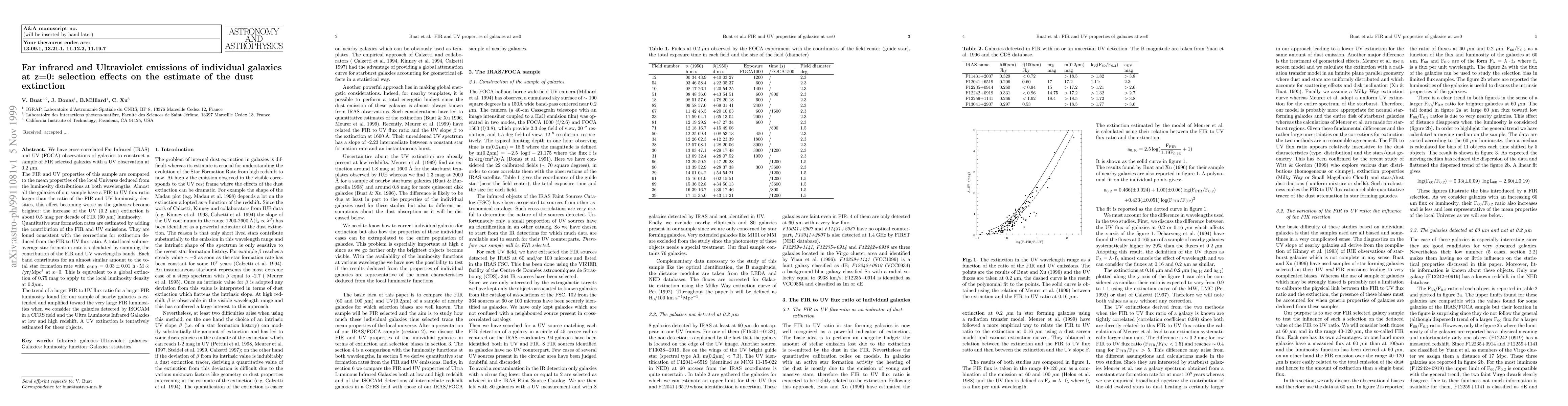 Thumbnail for Far infrared and Ultraviolet emissions of individual galaxies at z=0:
  selection effects on the estimate of the dust extinction