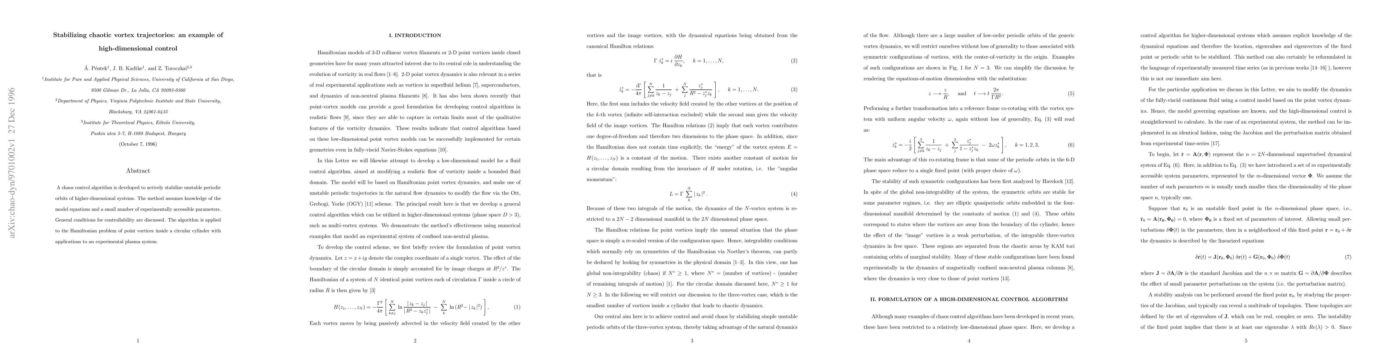 Thumbnail for Stabilizing chaotic vortex trajectories: an example of high-dimensional
  control