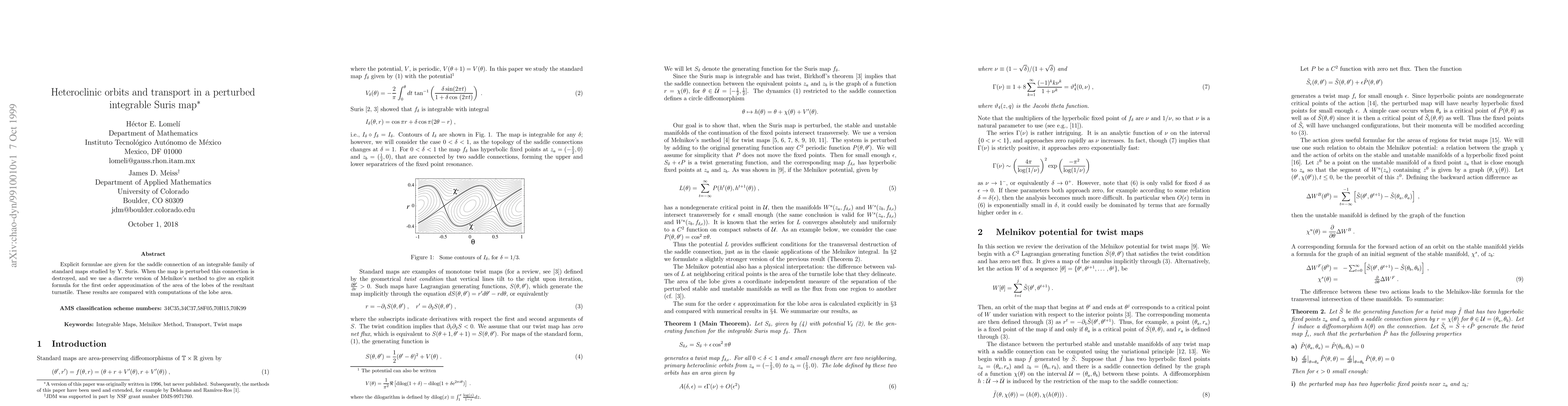 Thumbnail for Heteroclinic orbits and transport in a perturbed integrable Suris map