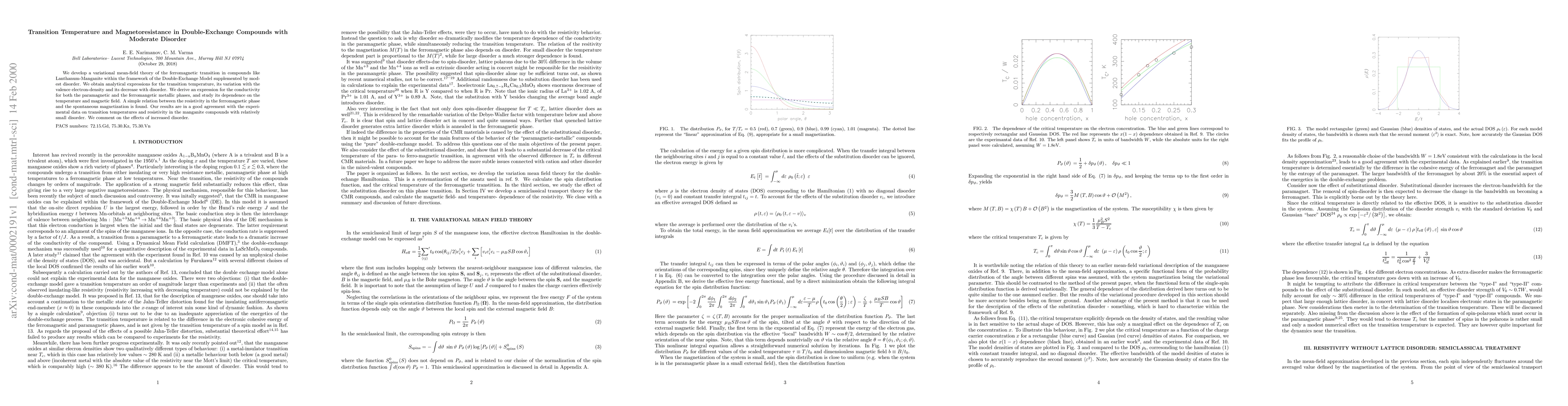 Thumbnail for Transition Temperature and Magnetoresistance in Double-Exchange
  Compounds with Moderate Disorder