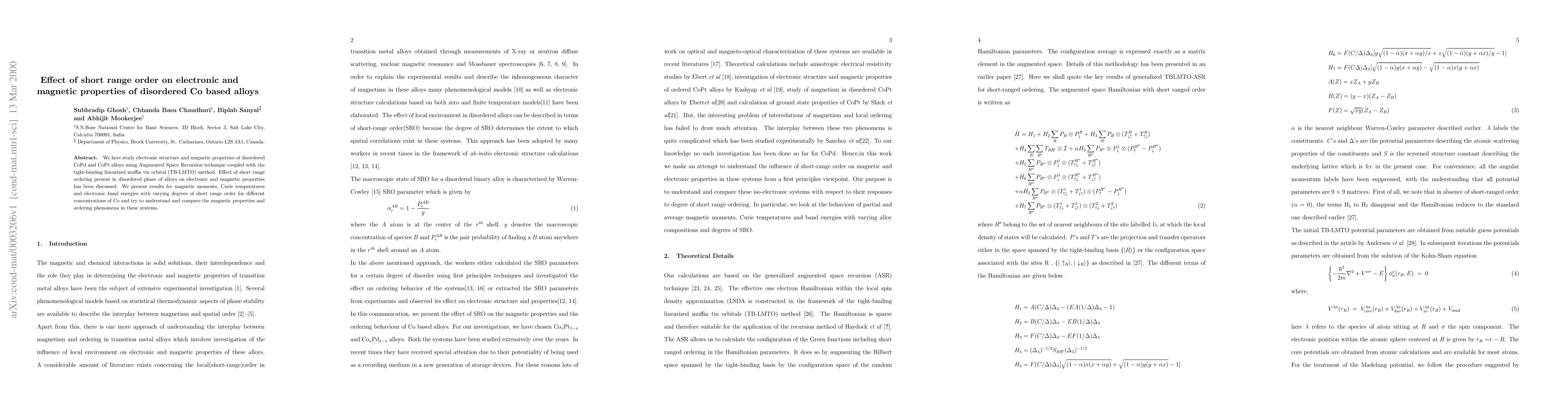 Thumbnail for Effect of short range order on electronic and magnetic properties of
  disordered Co based alloys