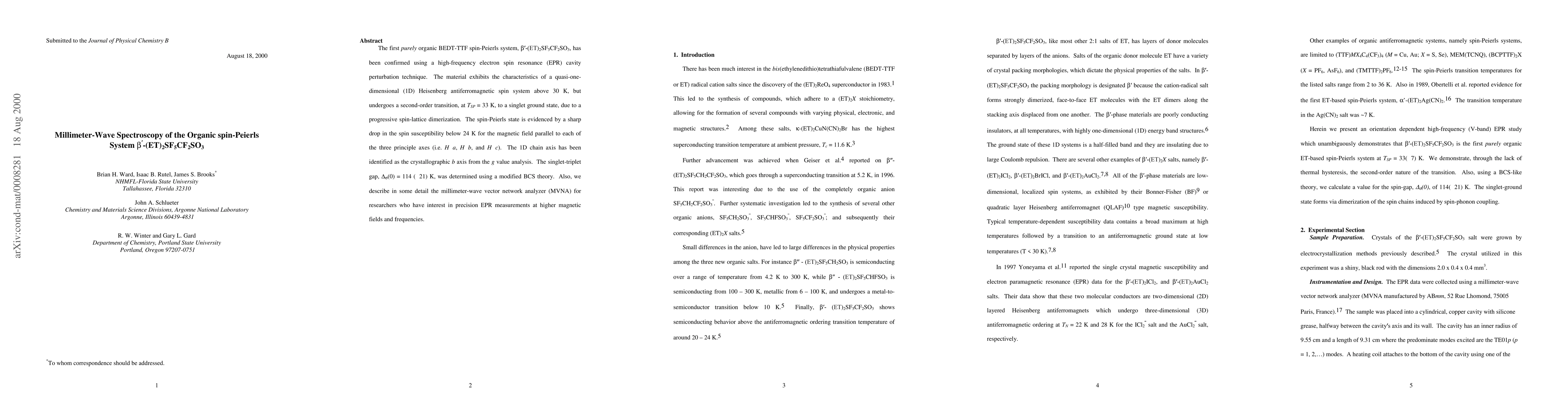 Thumbnail for Millimeter-Wave Spectroscopy of the Organic spin-Peierls System
  b'-(ET)2SF5CF2SO3