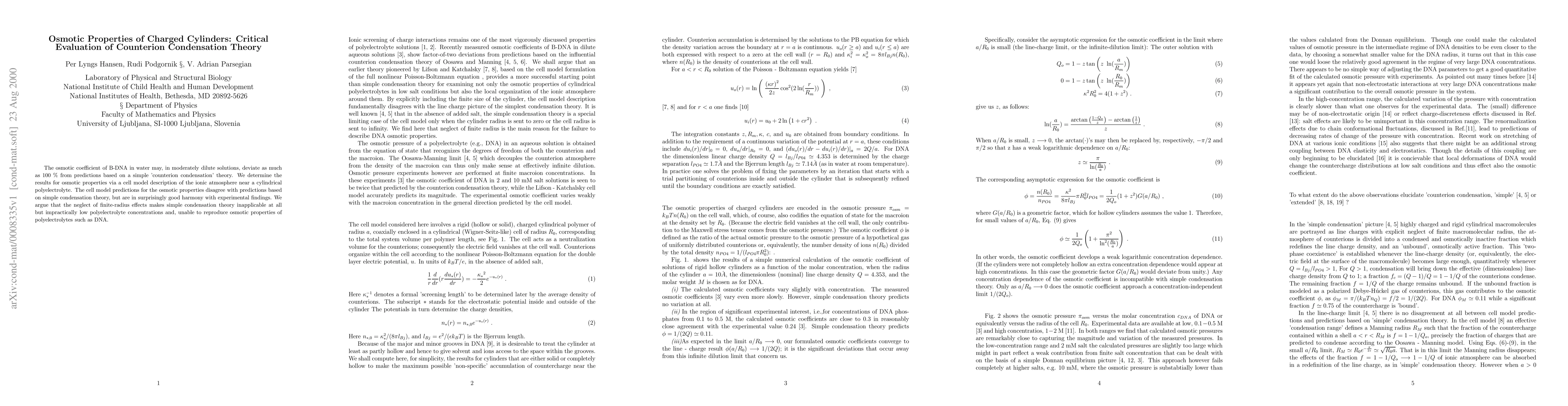 Thumbnail for Osmotic Properties of Charged Cylinders: Critical Evaluation of
  Counterion Condensation Theory