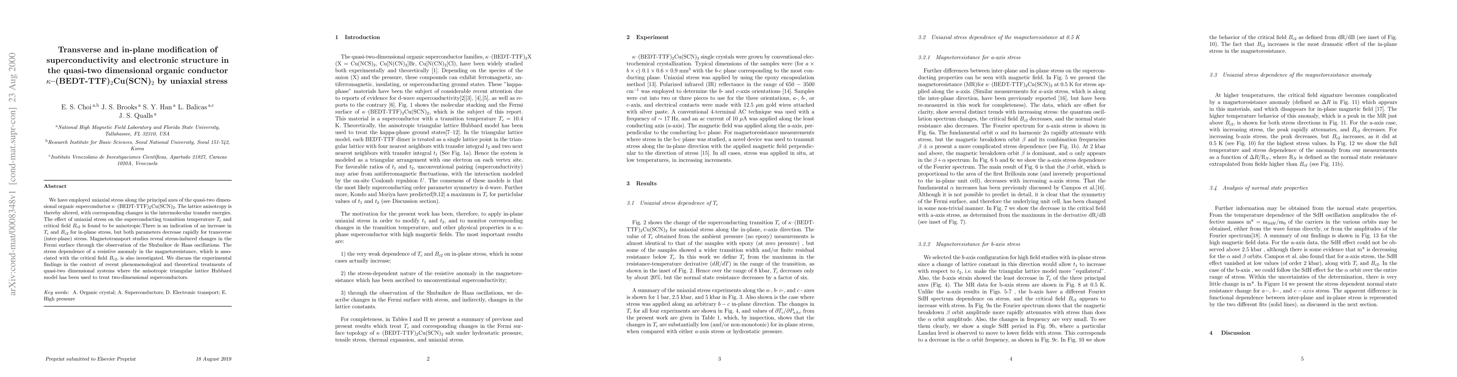 Thumbnail for Transverse and in-plane modification of superconductivity and electronic
  structure in the quasi-two dimensional organic conductor $\kappa
  $--(BEDT-TTF)$_{2}$Cu(SCN)$_{2}$ by uniaxial stress