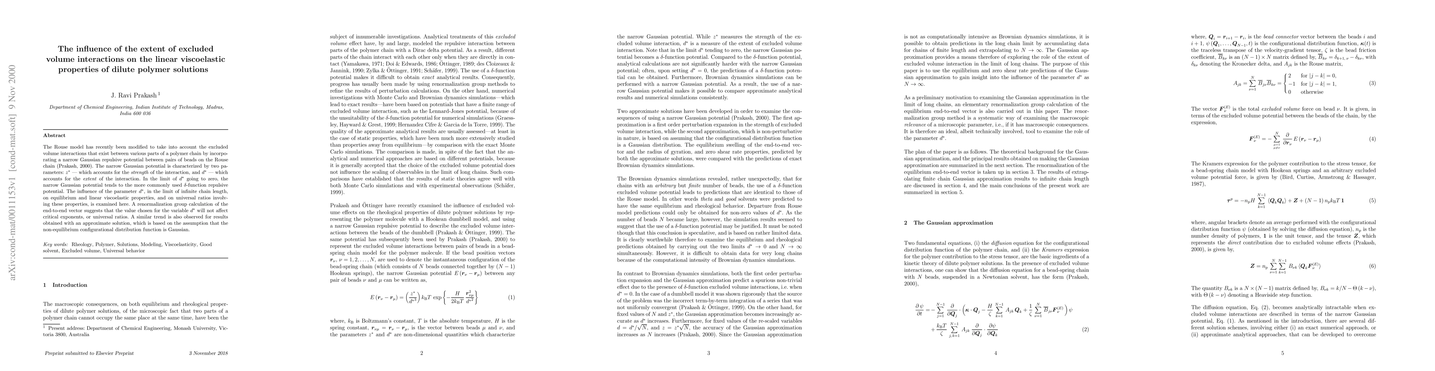 Thumbnail for The influence of the extent of excluded volume interactions on the
  linear viscoelastic properties of dilute polymer solutions