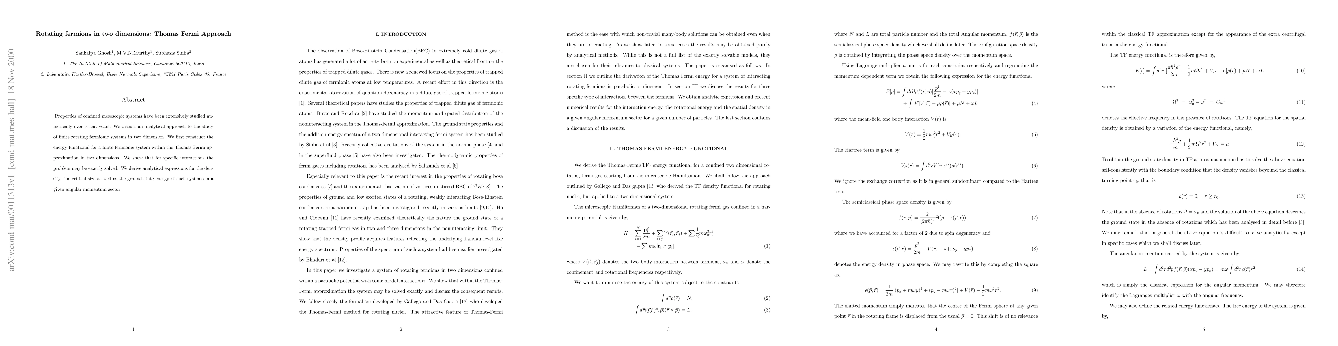 Thumbnail for Rotating fermions in two dimensions: Thomas Fermi approach