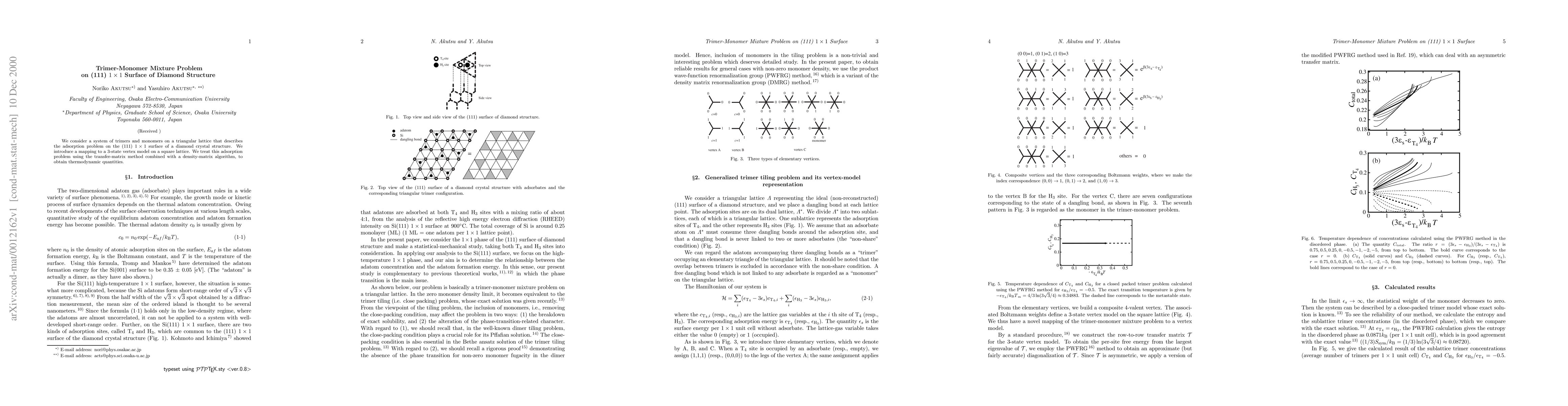 Thumbnail for Trimer-Monomer Mixture Problem on (111) $1 \times 1$ Surface of Diamond
  Structure
