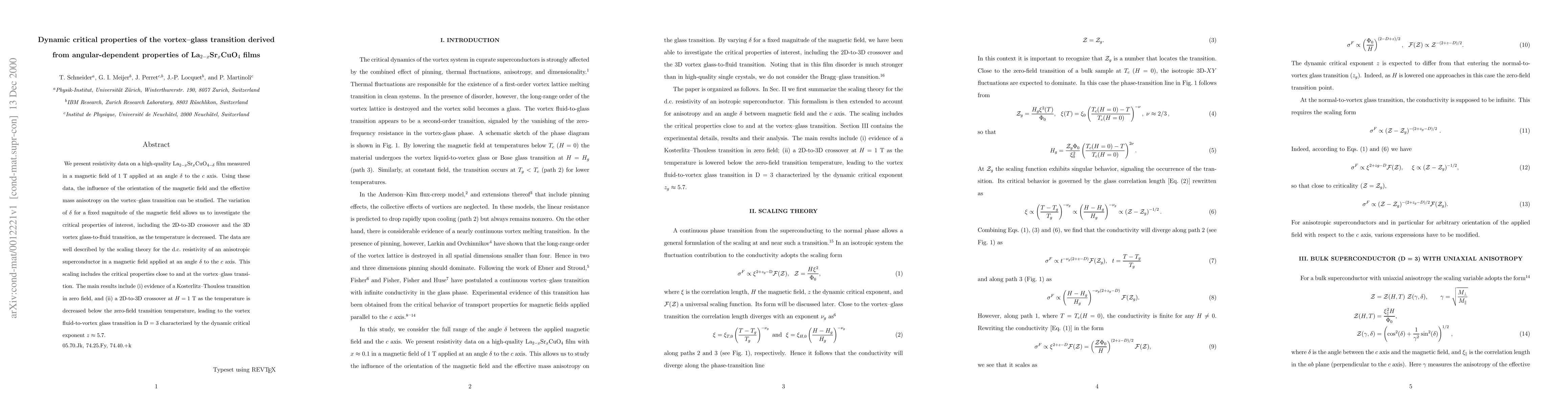 Thumbnail for Dynamic critical properties of the vortex-glass transition derived from
  angular-dependent properties of La$_{2-x}$Sr$_{x}$CuO$_{4}$ films