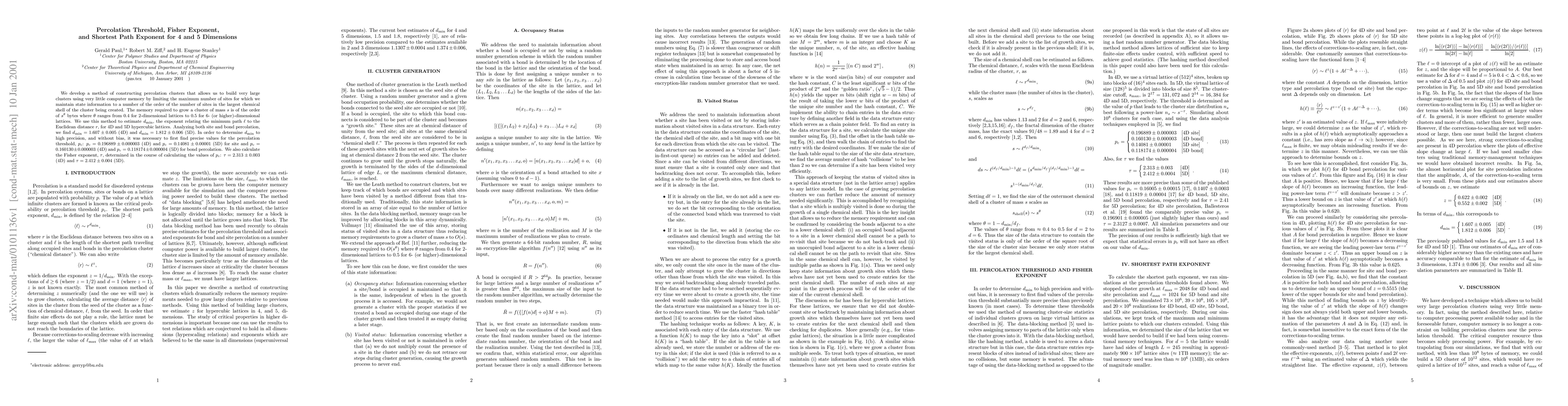 Thumbnail for Percolation Threshold, Fisher Exponent, and Shortest Path Exponent for 4
  and 5 Dimensions