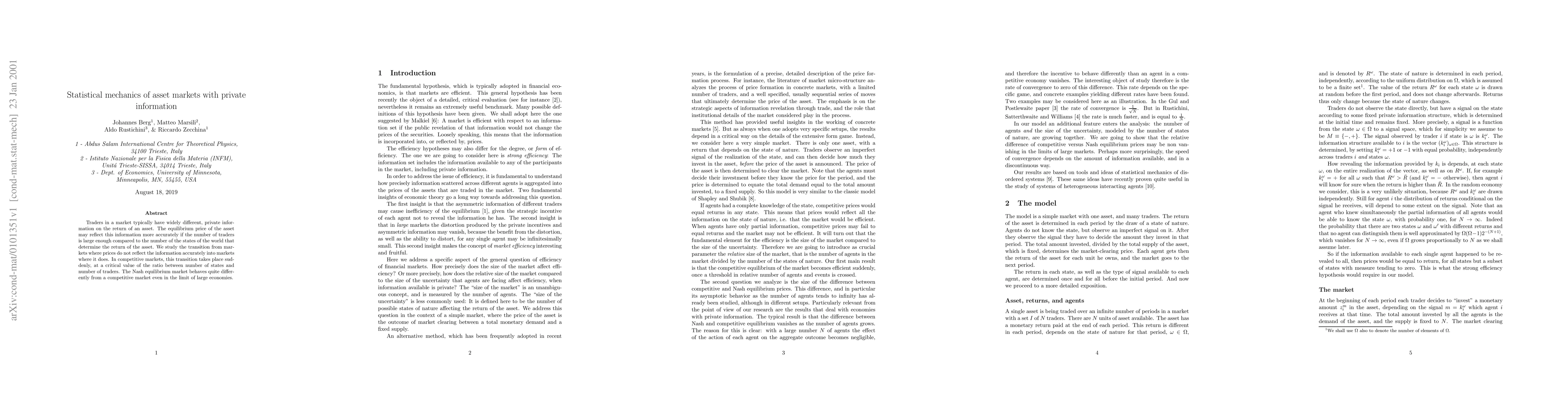 Thumbnail for Statistical mechanics of asset markets with private information