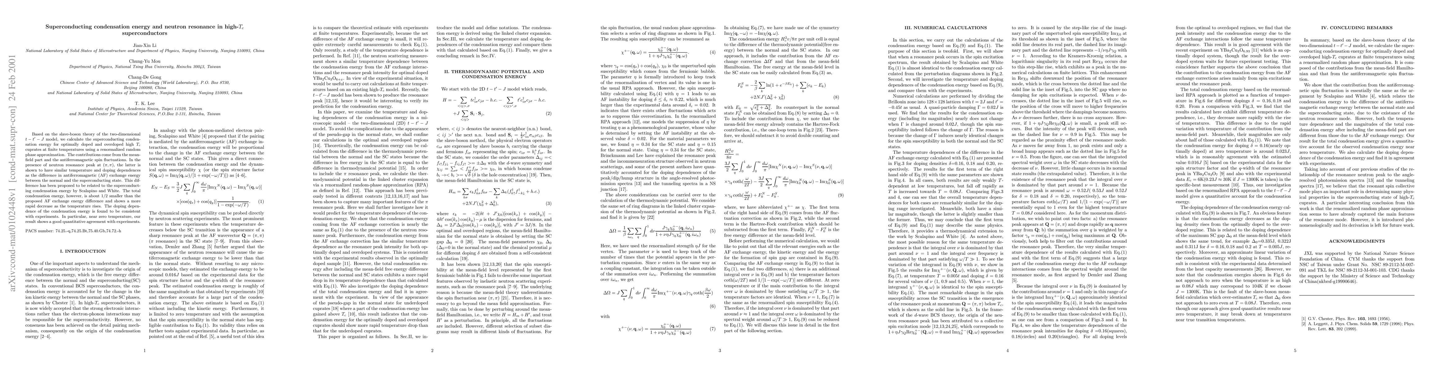 Thumbnail for Superconducting condensation energy and neutron resonance in high-Tc
  superconductors