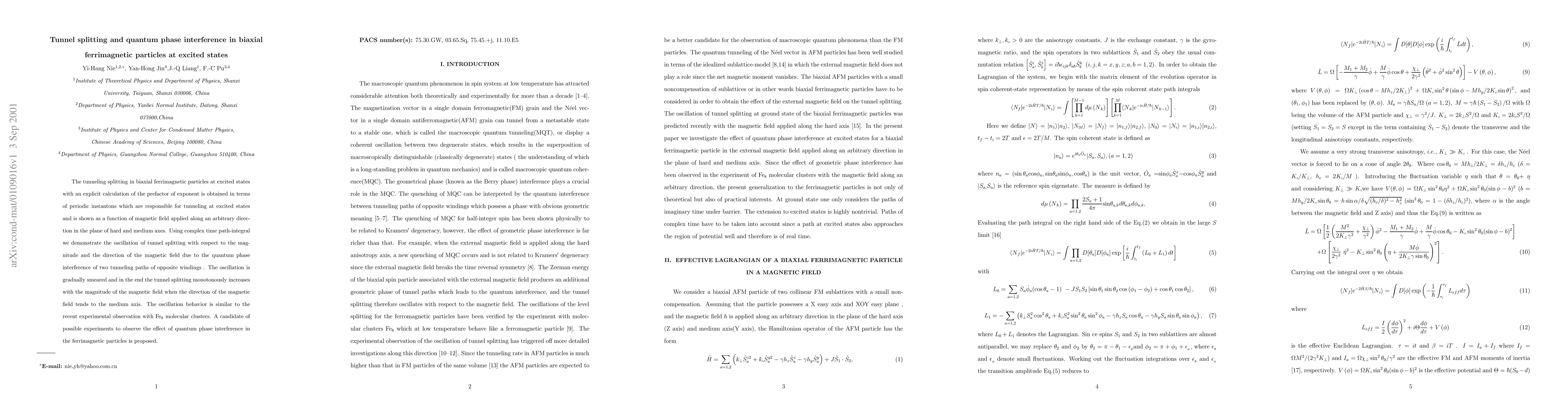 Thumbnail for Tunnel splitting and quantum phase interference in biaxial ferrimagnetic
  particles at excited states