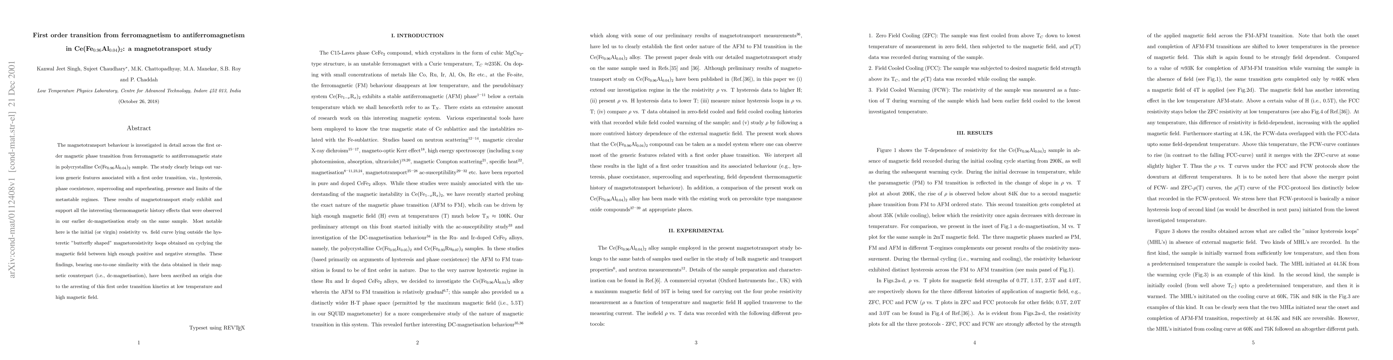 Thumbnail for First order transition from ferromagnetism to antiferromagnetism in
  Ce(Fe$_{0.96}$Al$_{0.04}$)$_2$: a magnetotransport study
