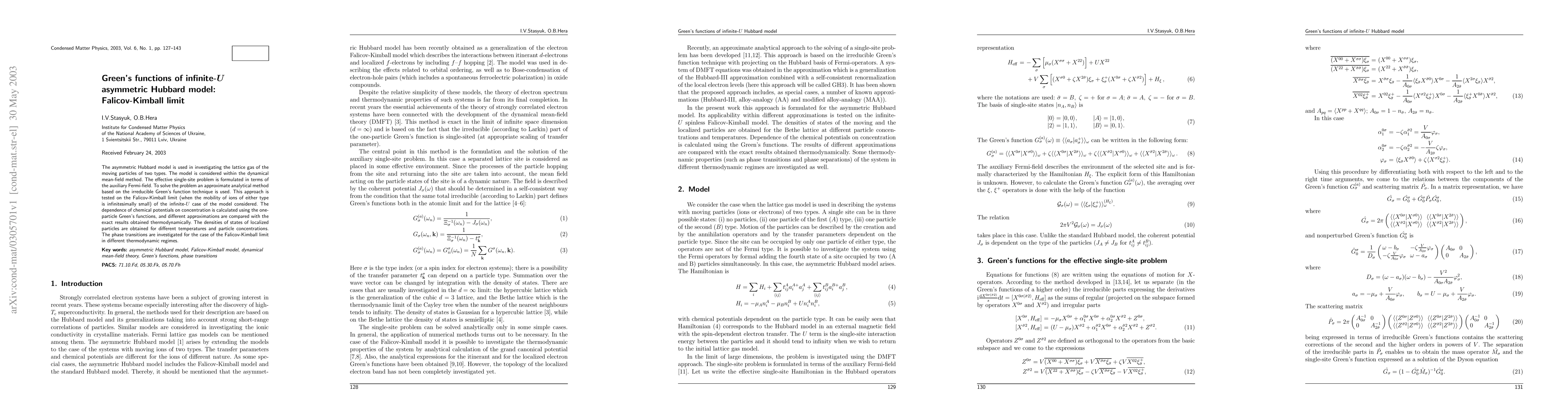 Thumbnail for Green's functions of infinite-U asymmetric Hubbard model:
  Falicov-Kimball limit