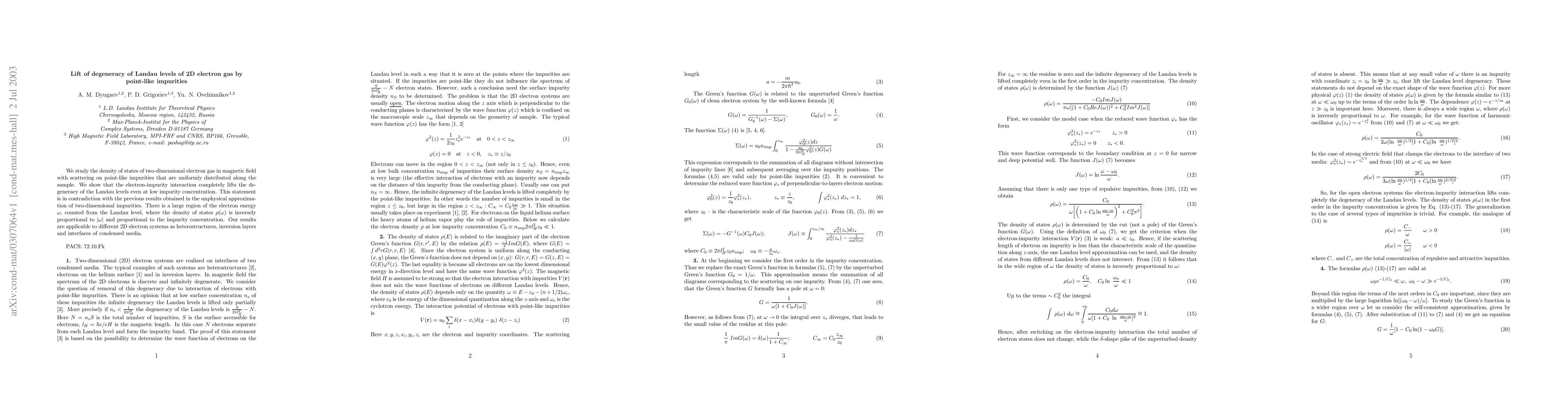 Thumbnail for Lift of degeneracy of Landau levels of 2D electron gas by point-like
  impurities