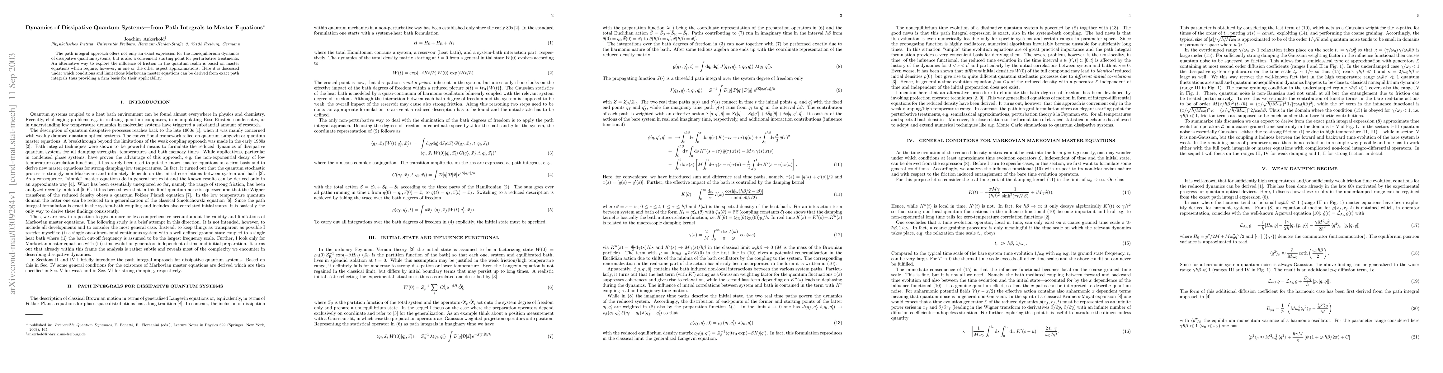 Thumbnail for Dynamics of Dissipative Quantum Systems--from Path Integrals to Master
  Equations