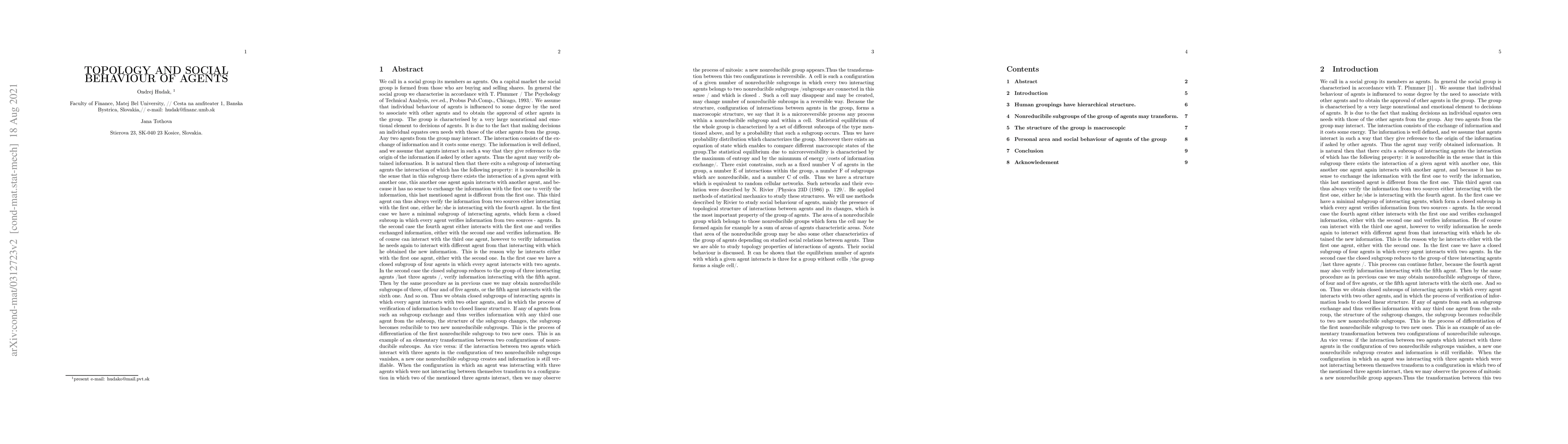 Thumbnail for Topology and Social Behaviour of Agents
