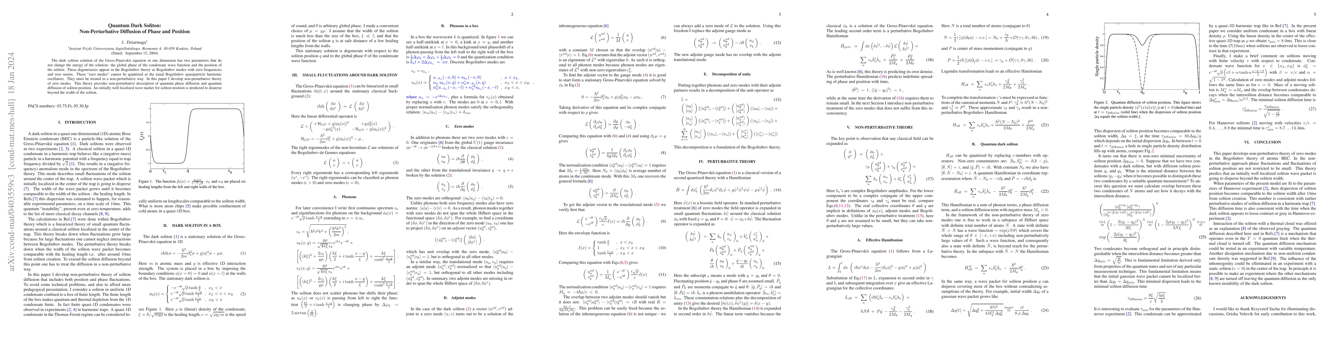 Thumbnail for Quantum Dark Soliton: Non-Perturbative Diffusion of Phase and Position