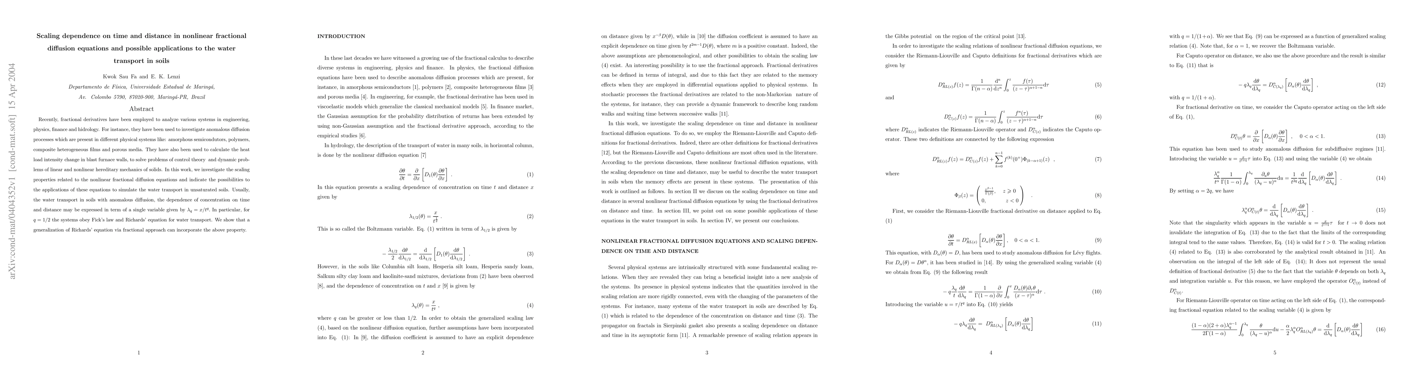 Thumbnail for Scaling dependence on time and distance in nonlinear fractional
  diffusion equations and possible applications to the water transport in soils