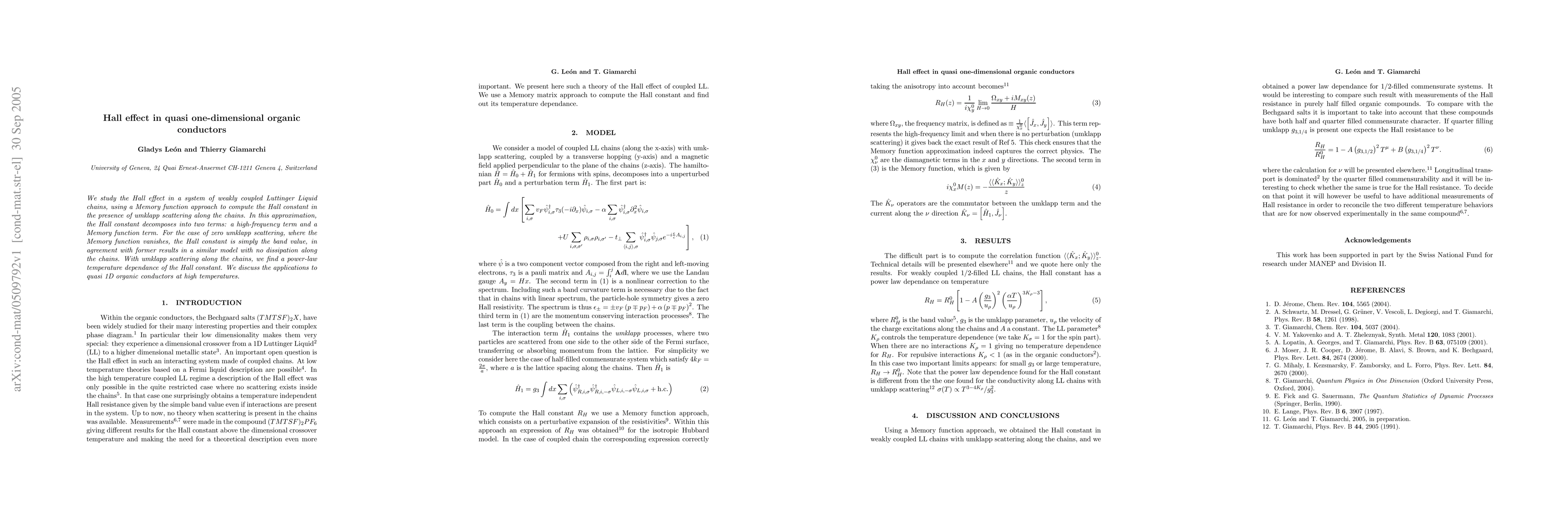 Thumbnail for Hall effect in quasi one-dimensional organic conductors