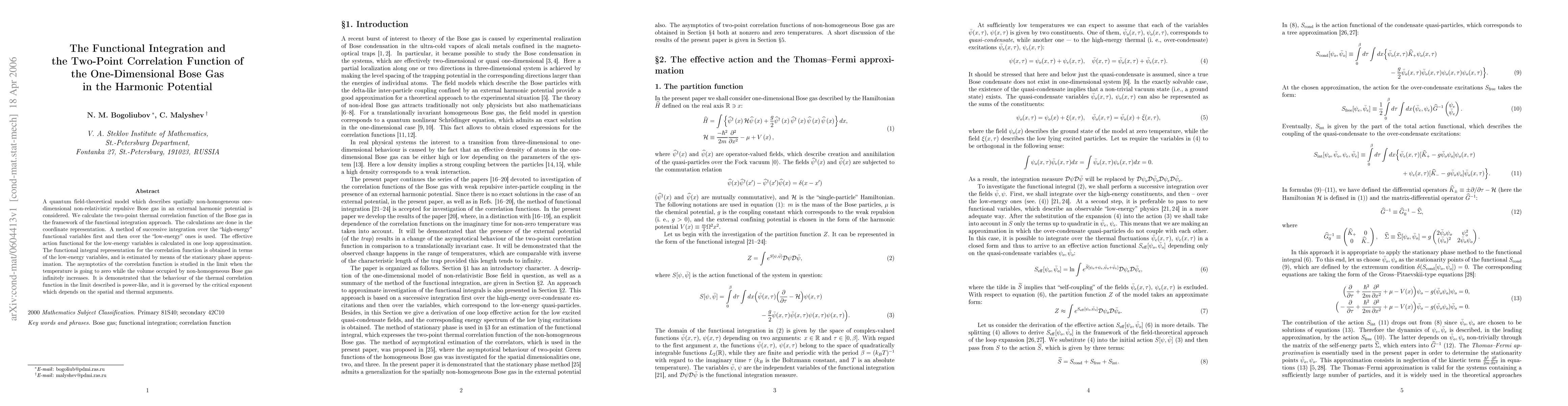 Thumbnail for The Functional Integration and the Two-Point Correlation Function of the
  One-Dimensional Bose Gas in the Harmonic Potential