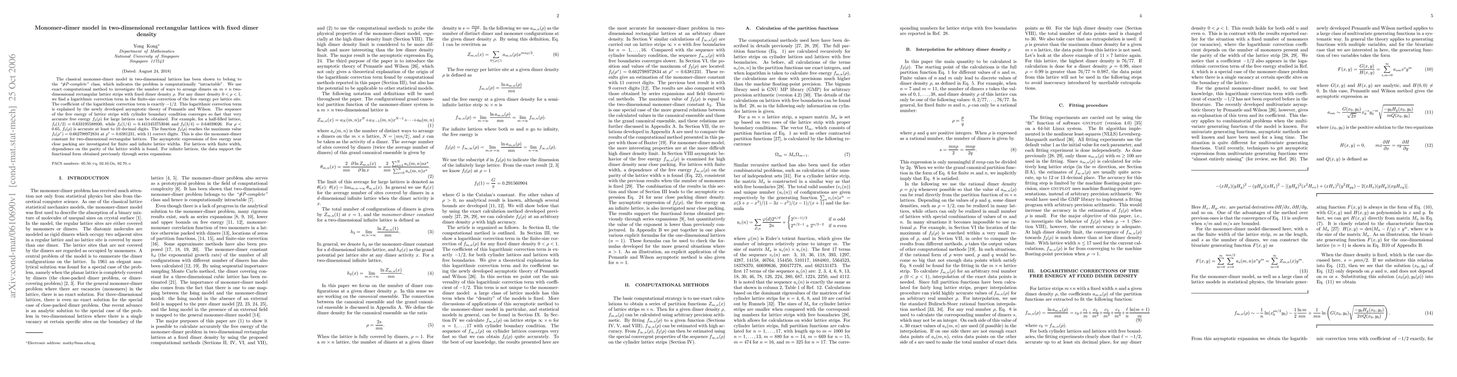 Thumbnail for Monomer-dimer model in two-dimensional rectangular lattices with fixed
  dimer density