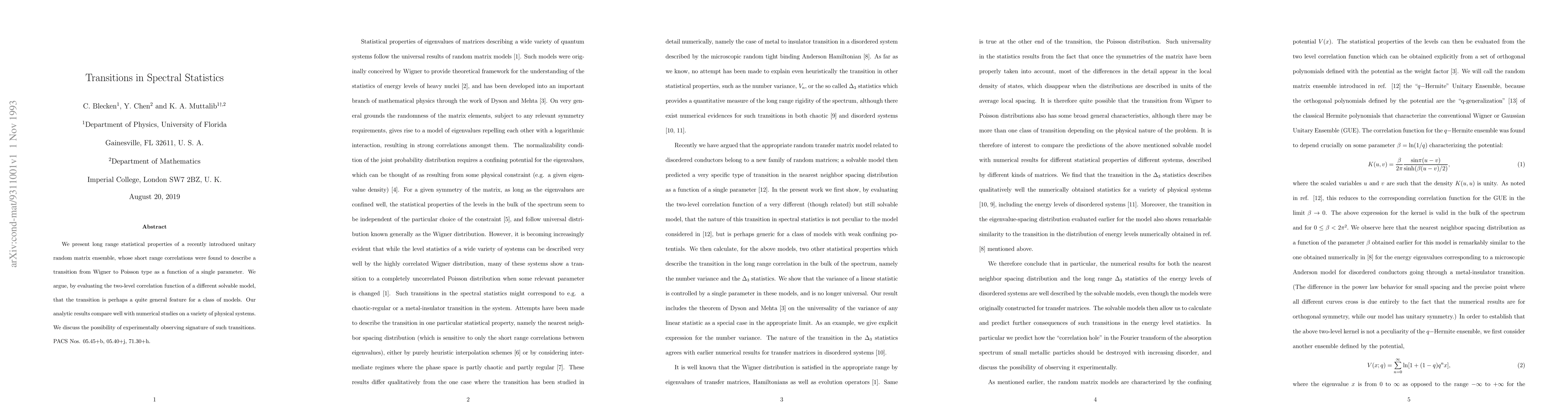 Thumbnail for Transitions In Spectral Statistics