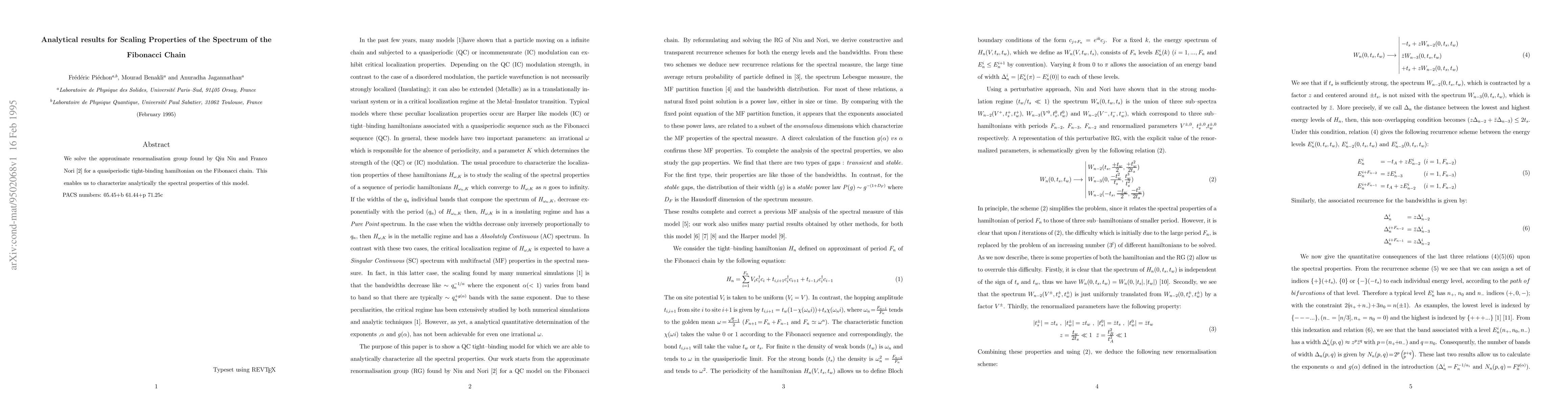 Thumbnail for Analytical results for Scaling Properties of the Spectrum of the
  Fibonacci Chain