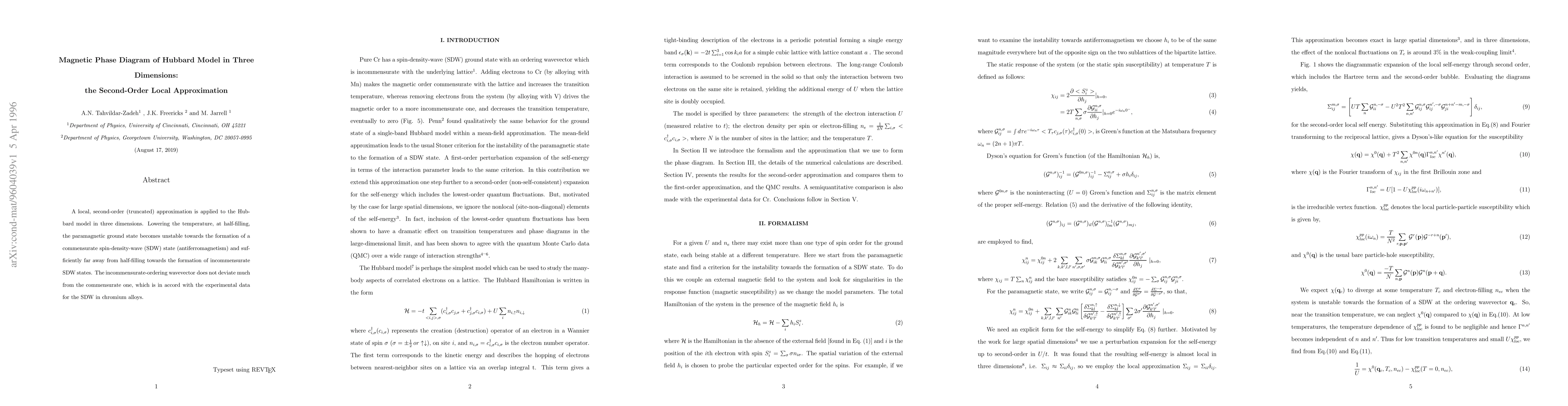 Thumbnail for Magnetic Phase Diagram of Hubbard Model in Three Dimensions: the
  Second-Order Local Approximation
