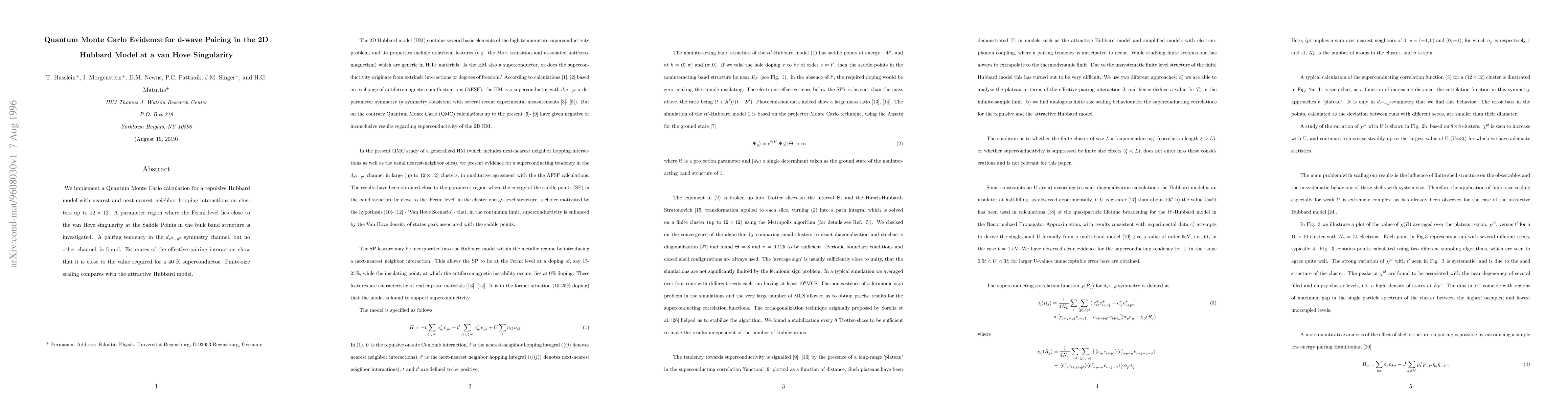 Thumbnail for Quantum Monte Carlo Evidence for d-wave Pairing in the 2D Hubbard Model
  at a van Hove Singularity