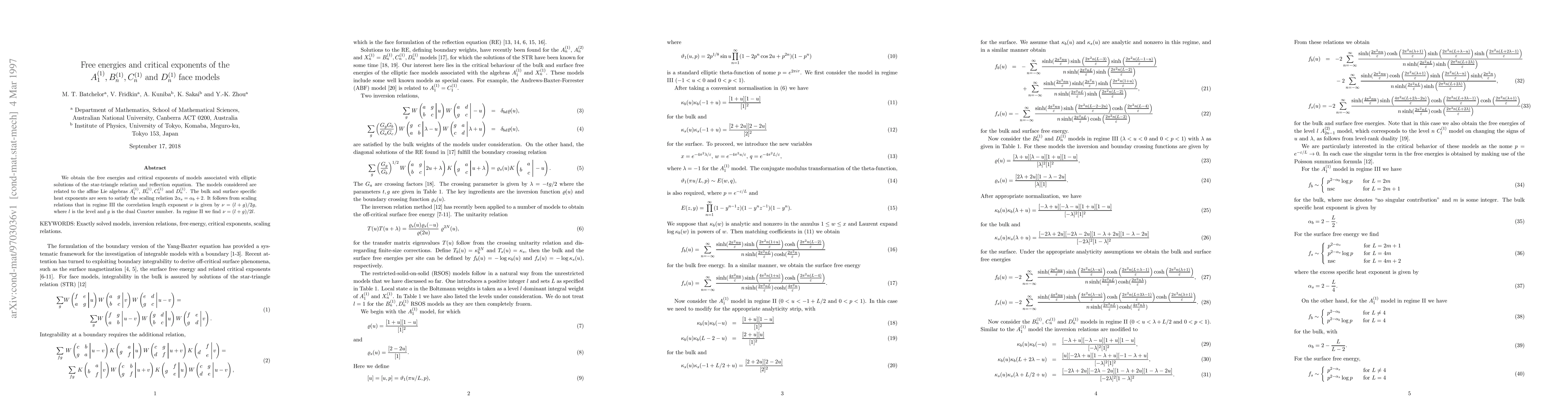 Thumbnail for Free energies and critical exponents of the A_1^{(1)}, B_n^{(1)},
  C_n^{(1)} and D_n^{(1)} face models