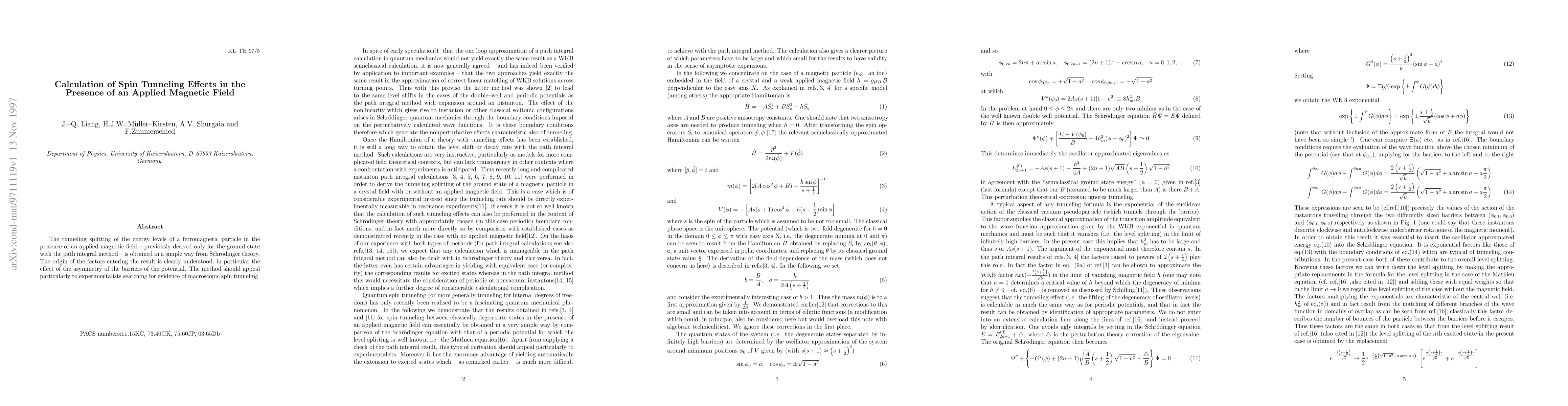 Thumbnail for Calculation of Spin Tunneling Effects in the Presence of an Applied
  Magnetic Field