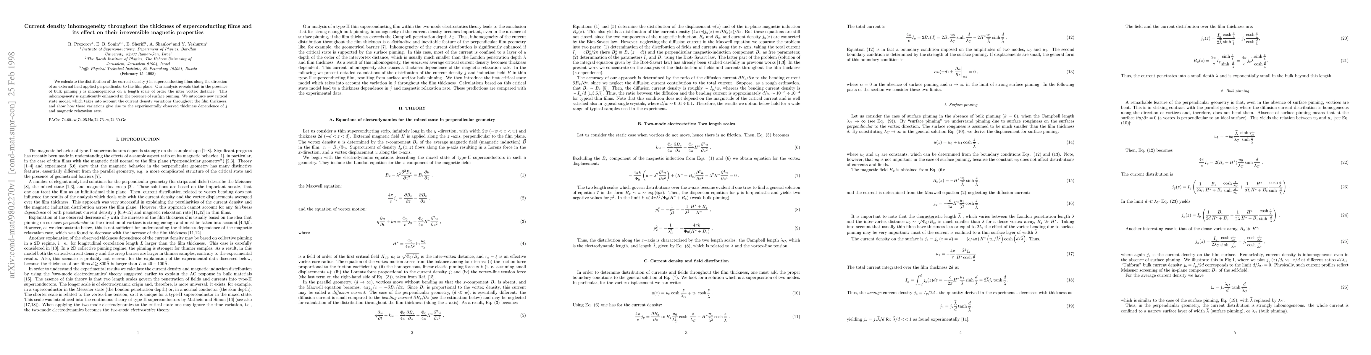 Thumbnail for Current density inhomogeneity throughout the thickness of
  superconducting films and its effect on their irreversible magnetic
  properties