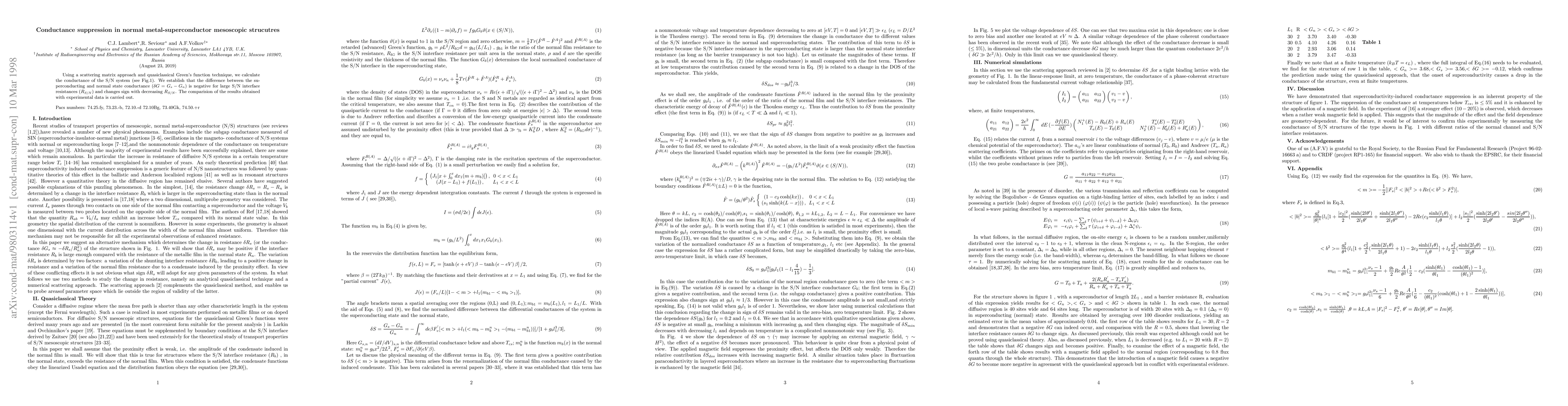 Thumbnail for Conductance suppression in normal metal-superconductor mesoscopic
  strucutres
