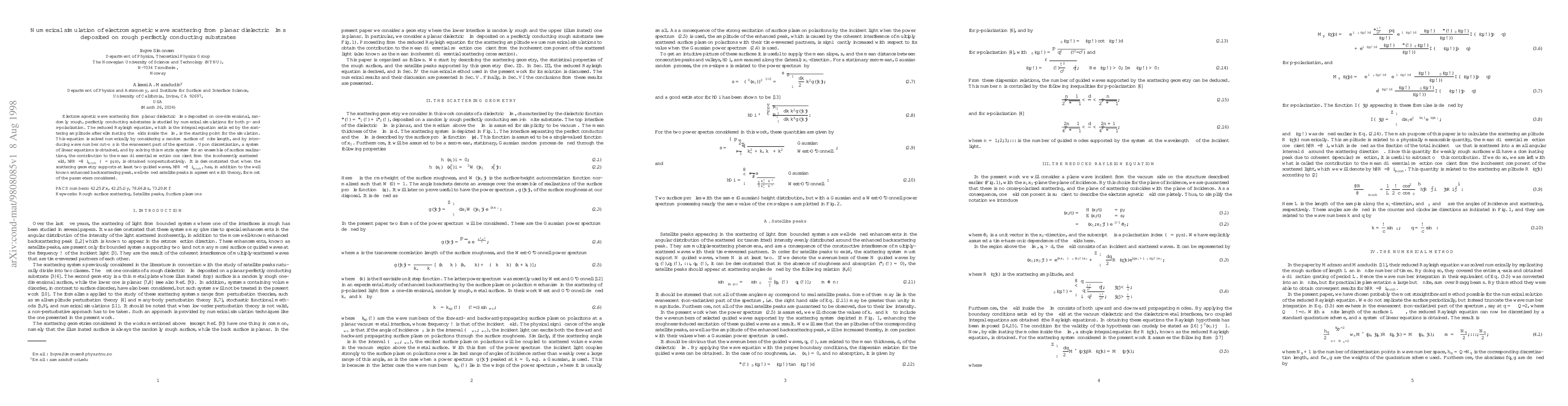 Thumbnail for Numerical simulation of electromagnetic wave scattering from planar
  dielectric films deposited on rough perfectly conducting substrates