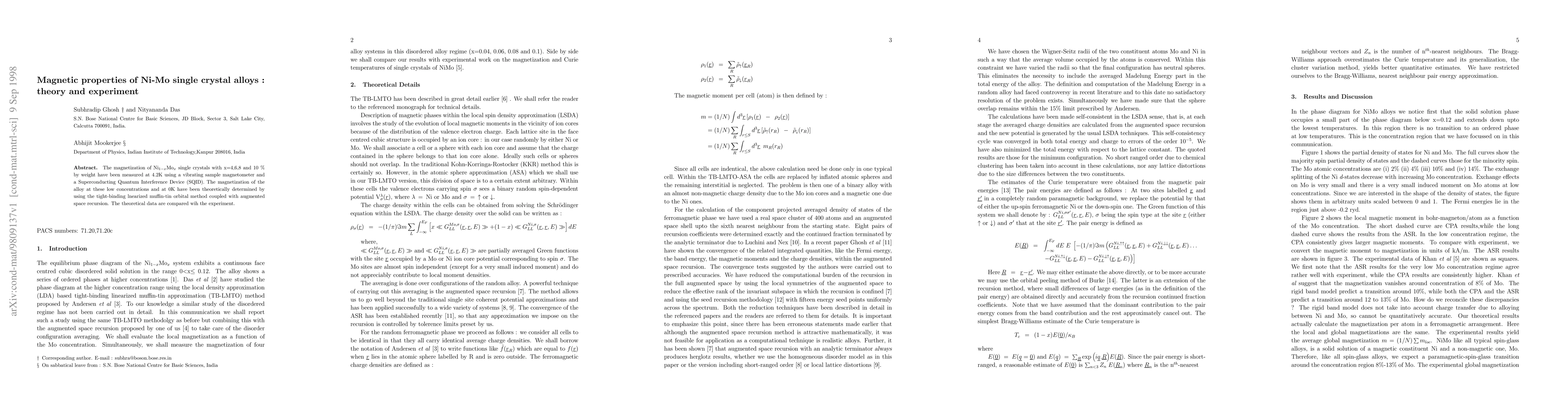 Thumbnail for Magnetic Properties Of Ni-Mo Single Crystal Alloys: Theory and
  Experiment