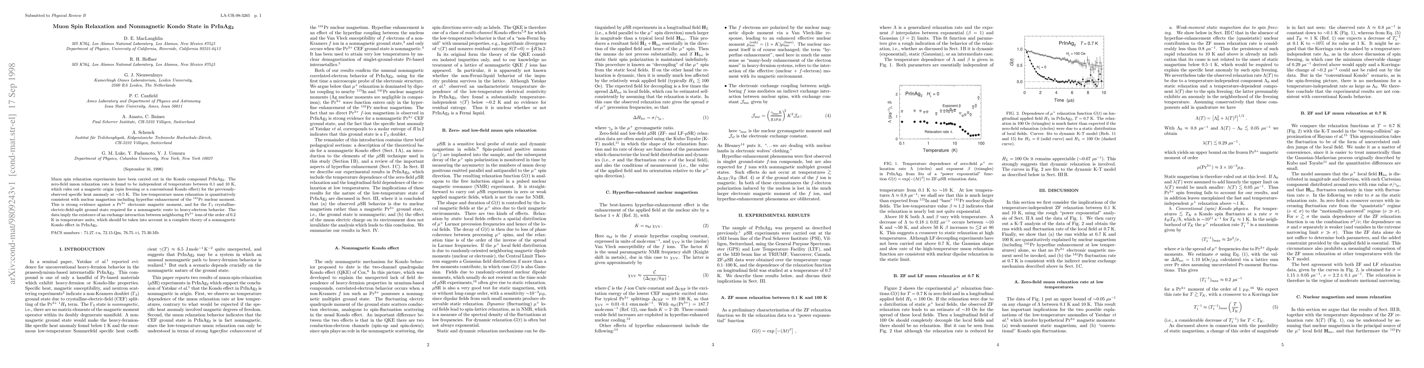 Thumbnail for Muon Spin Relaxation and Nonmagnetic Kondo State in PrInAg_2