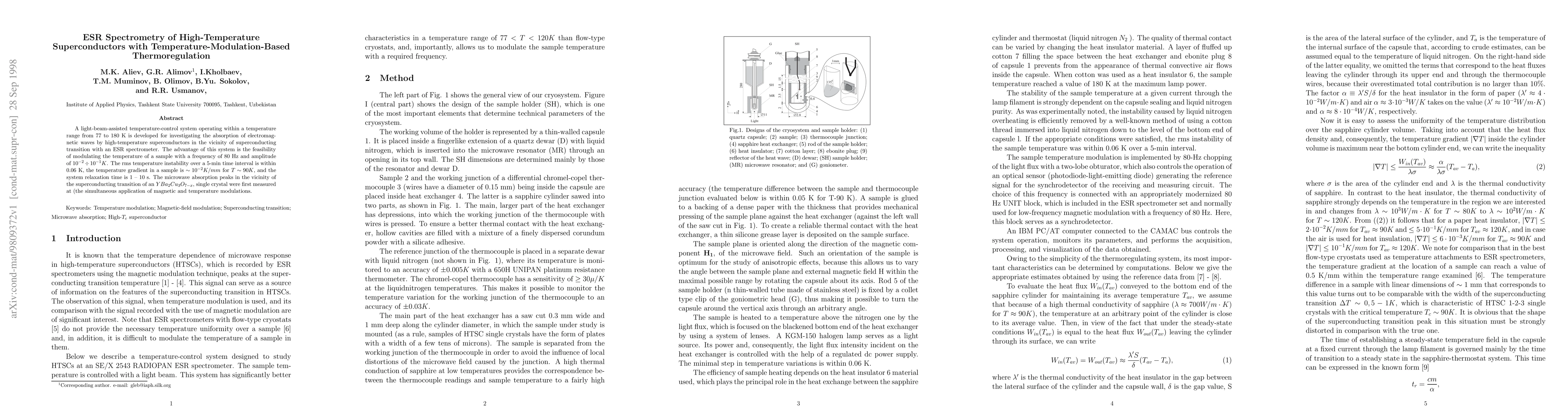 Thumbnail for ESR Spectrometry of High-Temperature Superconductors with
  Temperature-Modulation-Based Thermoregulation