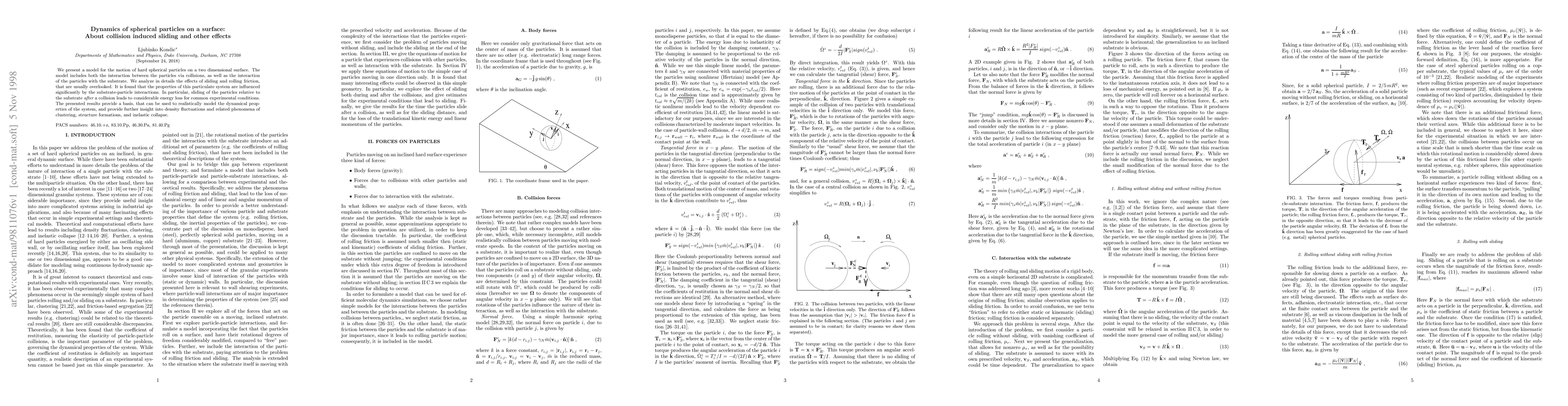 Thumbnail for Dynamics of spherical particles on a surface: About collision induced
  sliding and other effects