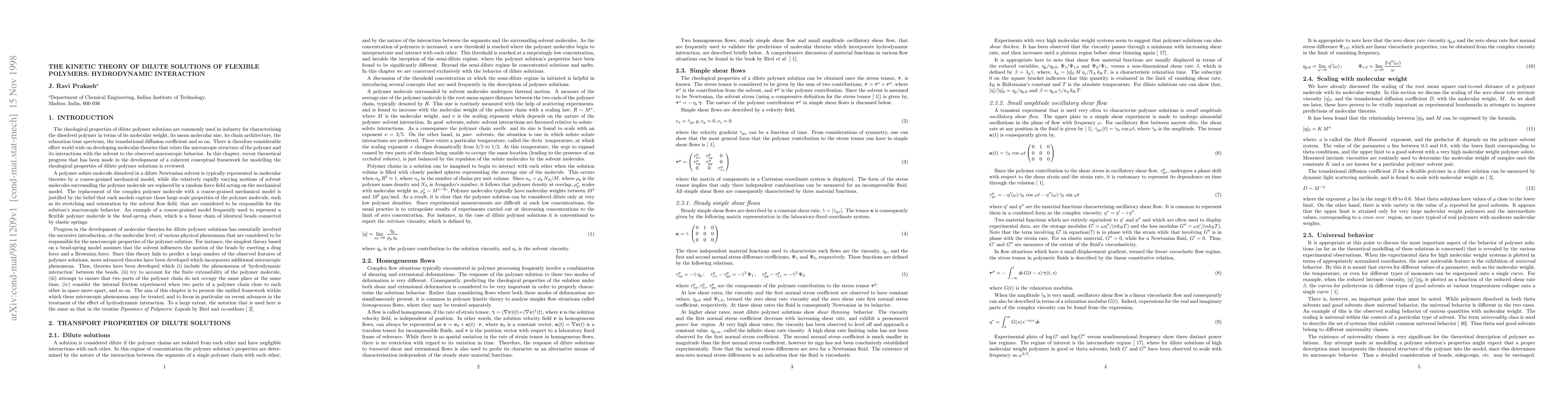 Thumbnail for The Kinetic Theory of Dilute Solutions of Flexible Polymers:
  Hydrodynamic Interaction