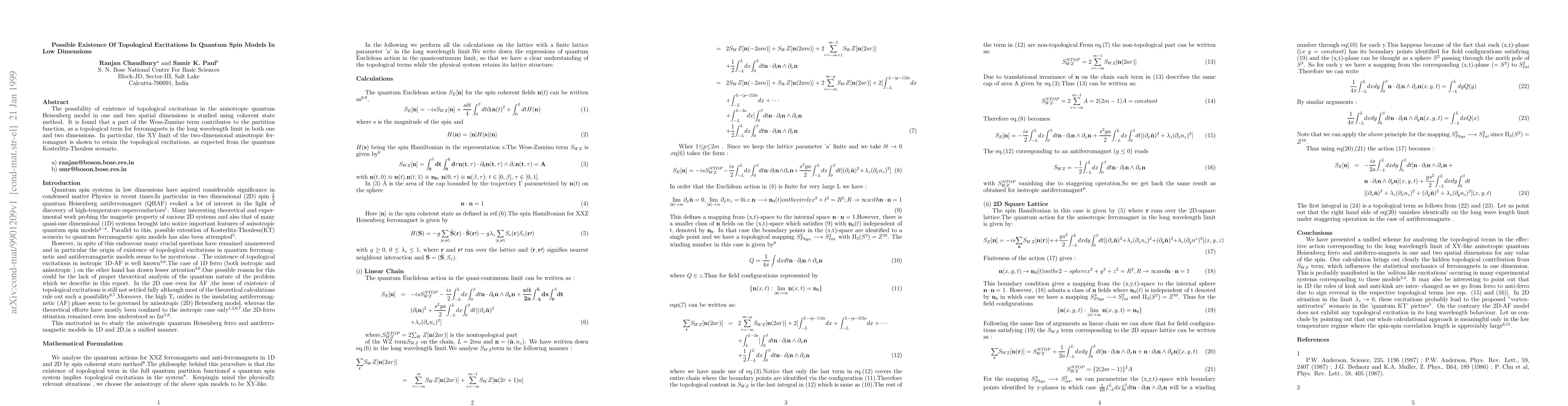 Thumbnail for Possible Existence Of Topological Excitations In Quantum Spin Models In
  Low Dimensions