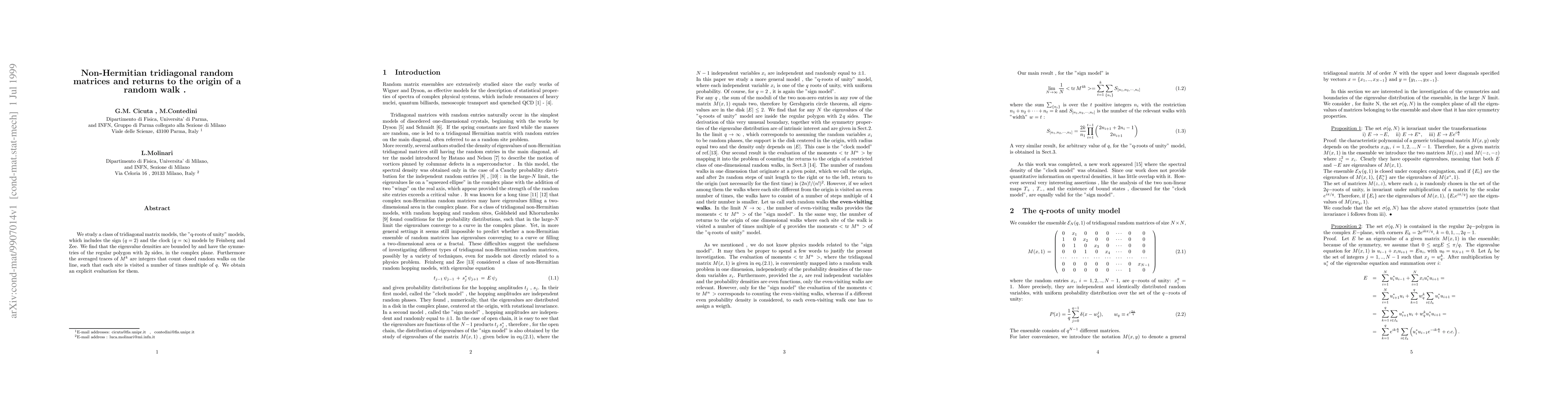 Thumbnail for Non-Hermitian tridiagonal random matrices and returns to the origin of a
  random walk